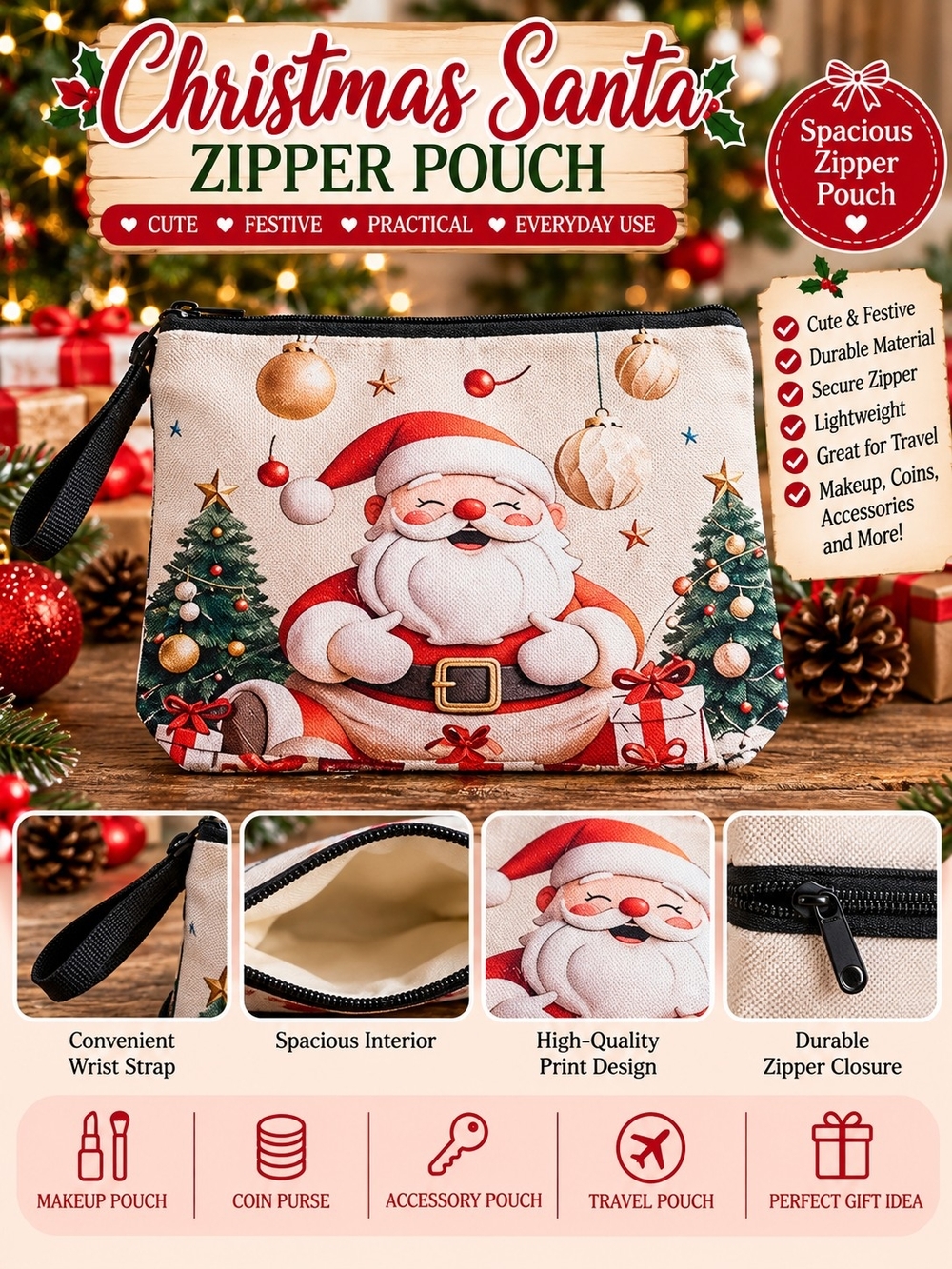 Christmas Santa Zipper Makeup & Travel Pouch with Wrist Strap